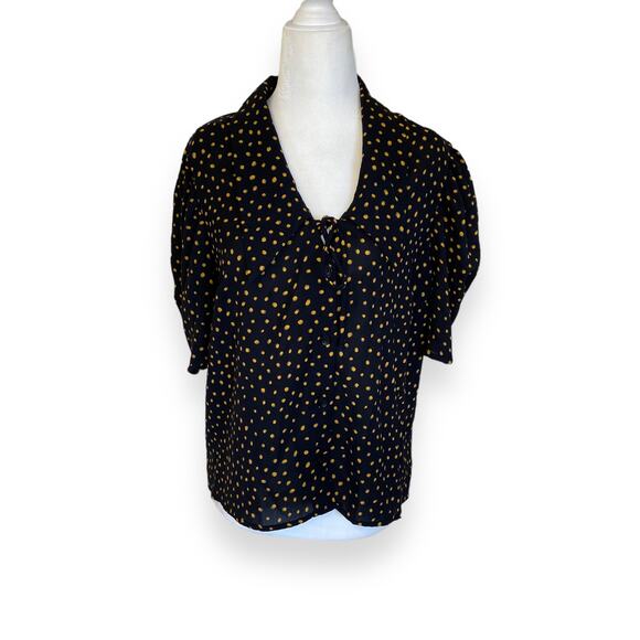 Good Luck Gem Polka Dot Black Collared Blouse with Balloon Sleeves - Picture 1 of 7